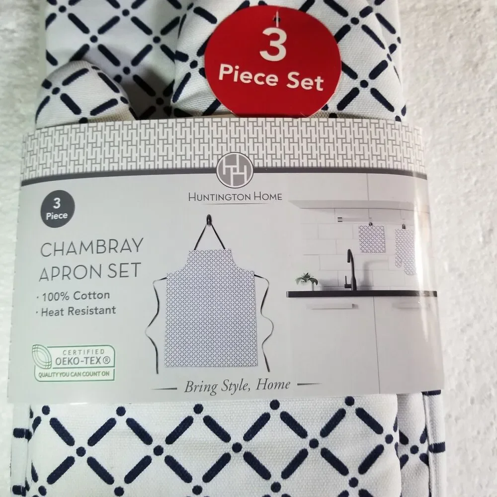 Chambray Apron Set 3 Piece Heat Resistant OEKO-Tex Huntington Home Navy & White